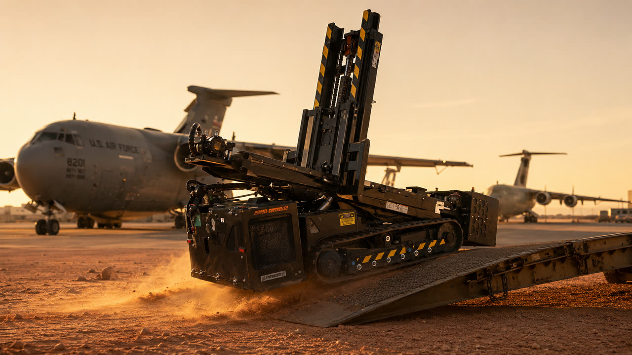 MPEP driving down a ramp on a desert airfield beside transport aircraft.
