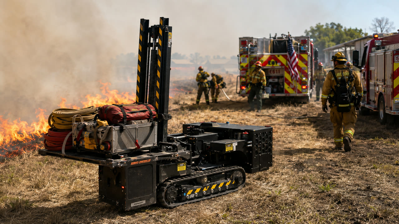 MPEP carrying hose packs and equipment on a flatbed deck at a wildland fire.