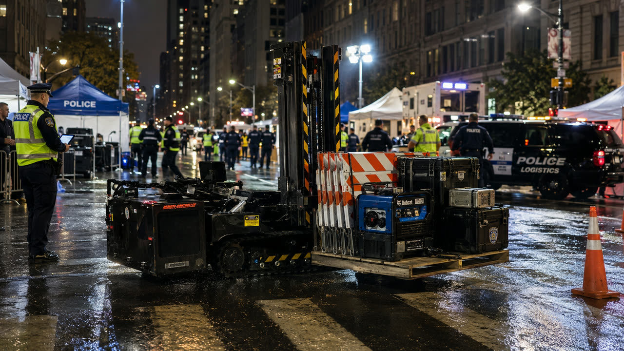 MPEP moving a pallet of barricades and generators at a night police staging area.