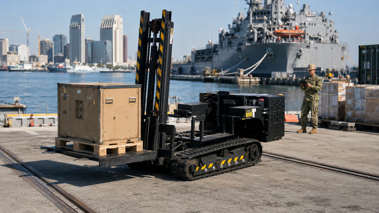 MPEP carrying a palletized crate on a waterfront pier with a naval vessel behind.