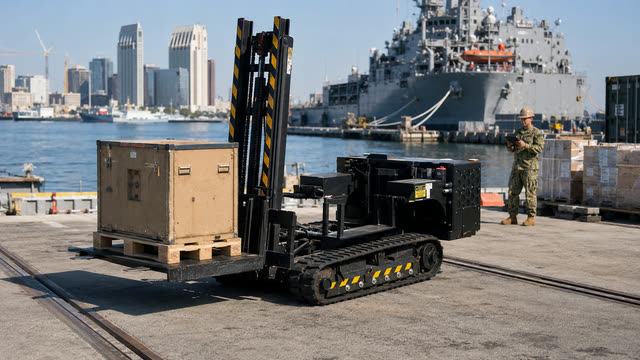 MPEP moving a crate on a waterfront pier.