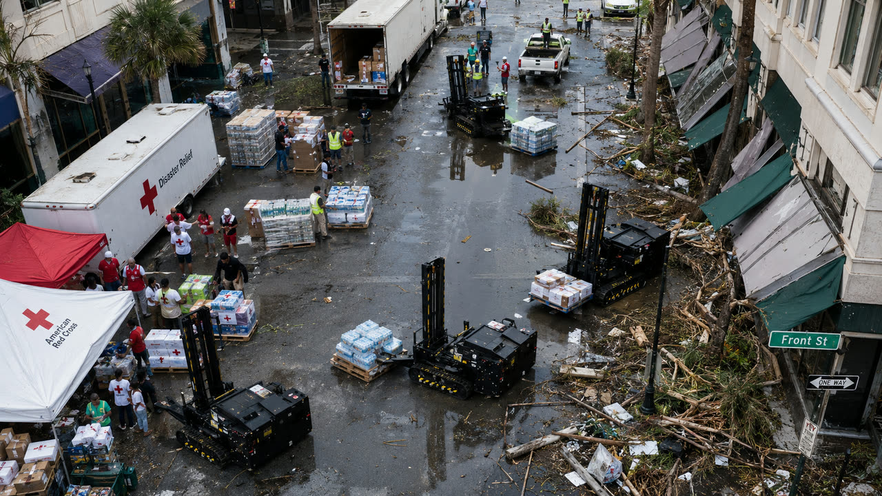 Aerial view of several MPEPs moving relief supplies along a storm-damaged street beside Red Cross trucks.